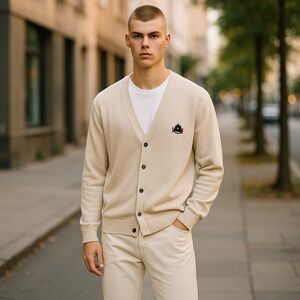 Vintage Men’s Izod Preppy Cream Crest Logo Button Front Cardigan Sweater Large